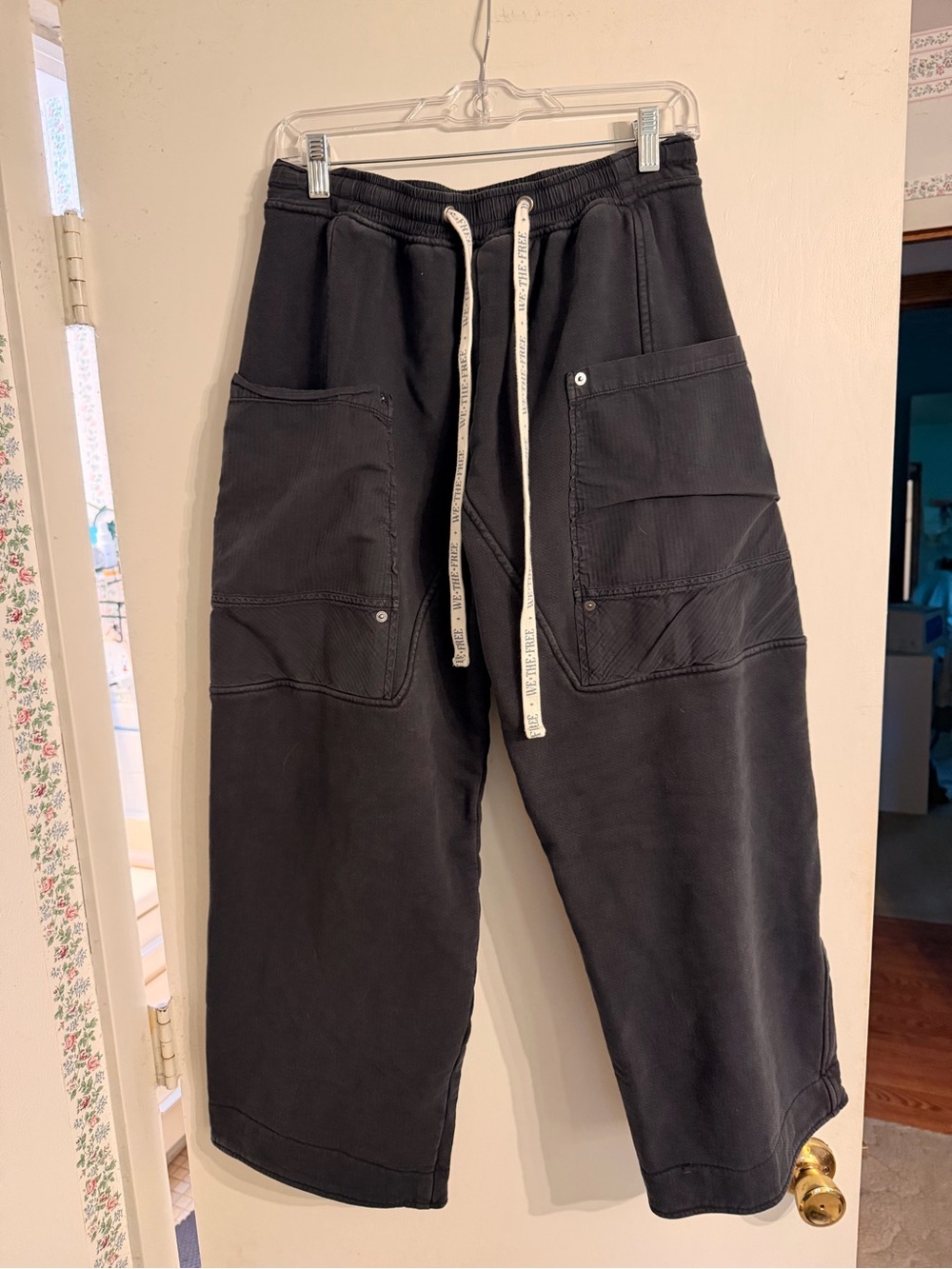 We The Free Jet Set Knit Pull-On Black Drawstring Pants with White Logo Ties - Picture 6 of 13